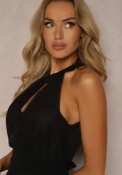 Czarna Sukienka Koktajlowa z Siateczką Wiązana Materiałowym Paskiem ze Stójką Nestassi