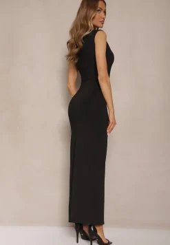 Czarna Sukienka Koktajlowa Ozdobiona Marszczeniem Novalina