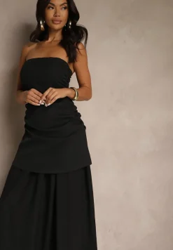 Czarna Sukienka Koktajlowa z Dekoltem Bandeau Ozdobiona Marszczeniem Folimmea