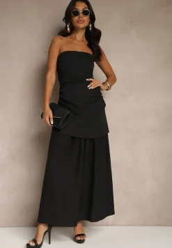 Czarna Sukienka Koktajlowa z Dekoltem Bandeau Ozdobiona Marszczeniem Folimmea
