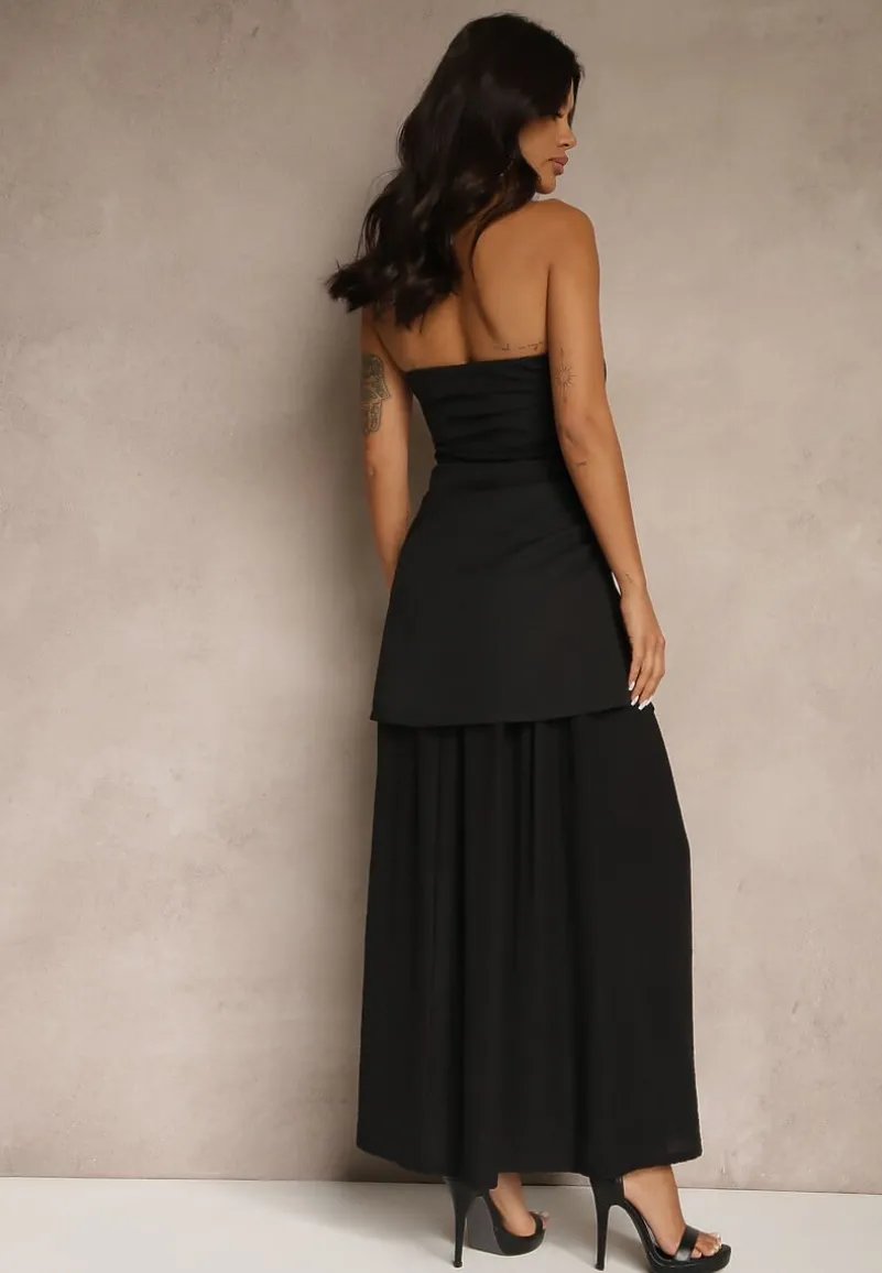 Czarna Sukienka Koktajlowa z Dekoltem Bandeau Ozdobiona Marszczeniem Folimmea