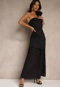 Czarna Sukienka Koktajlowa z Dekoltem Bandeau Ozdobiona Marszczeniem Folimmea