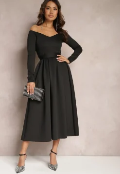 Czarna Sukienka Midi o Rozszerzanym Kroju z Paskiem w Talii i Dekoltem w Serek Vividia