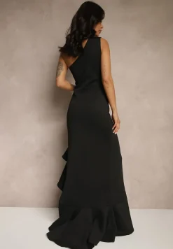 Czarna Sukienka na Ramię Ozdobiona Falbaną Lunivaria