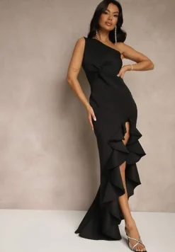 Czarna Sukienka na Ramię Ozdobiona Falbaną Lunivaria