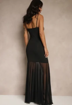 Czarna Sukienka na Ramiączkach z Wiskozą z Siateczkowym Zdobieniem Savorielle