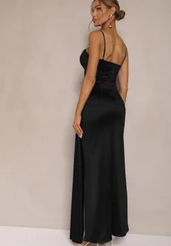Czarna Sukienka Satynowa z Marszczeniem i Ozdobnym Trenem Katiriva
