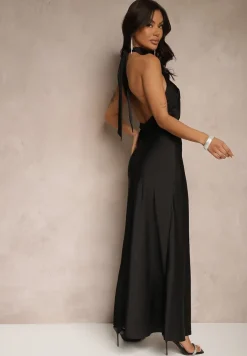 Czarna Sukienka Satynowa z Dekoltem Halter i Odkrytymi Plecami Belas