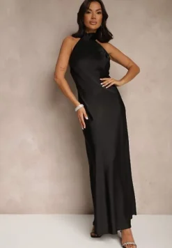 Czarna Sukienka Satynowa z Dekoltem Halter i Odkrytymi Plecami Belas