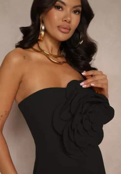 Czarna Sukienka Typu Bandeau z Kwiatami 3D Desilina