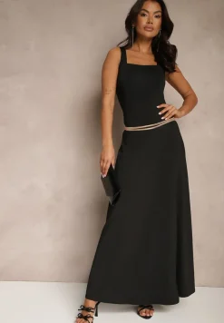 Czarna Sukienka z Dopasowaną Górą i Rozkloszowanym Dołem Bez Rękawów Aspafle