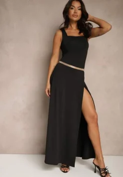 Czarna Sukienka z Dopasowaną Górą i Rozkloszowanym Dołem Bez Rękawów Aspafle