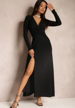 Czarna Sukienka z Marszczeniem przy Dekolcie Metaliczna Enemelle