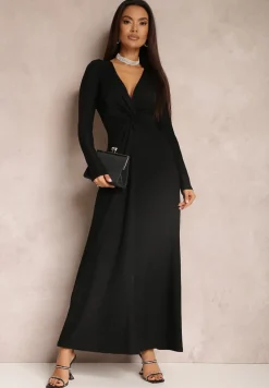 Czarna Sukienka z Marszczeniem przy Dekolcie Metaliczna Enemelle