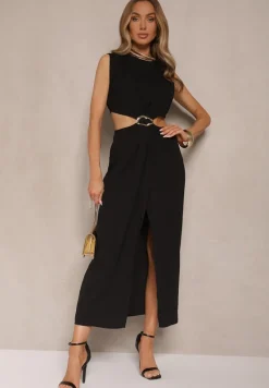 Czarna Sukienka z Rozkloszowanym Dołem Ozdobiona Wycięciami w Talii i Metalicznym Detalem Galanissa