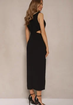 Czarna Sukienka z Rozkloszowanym Dołem Ozdobiona Wycięciami w Talii i Metalicznym Detalem Galanissa