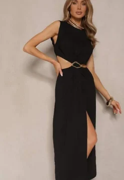 Czarna Sukienka z Rozkloszowanym Dołem Ozdobiona Wycięciami w Talii i Metalicznym Detalem Galanissa