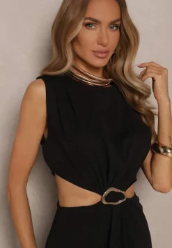 Czarna Sukienka z Rozkloszowanym Dołem Ozdobiona Wycięciami w Talii i Metalicznym Detalem Galanissa