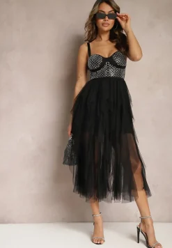 Czarna Sukienka z Tiulowymi Falbanami i Błyszczącym Gorsetem Yuli