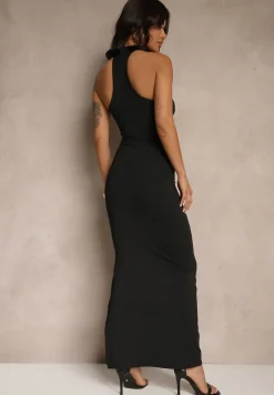 Czarna Sukienka z Wiskozą z Ozdobnym Marszczeniem przy Dekolcie i Rozcięciem Lunitiela