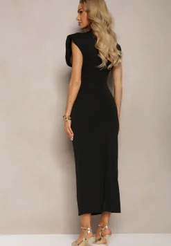Czarna Taliowana Sukienka z Rozcięciem i Poduszkami na Ramionach Melloretta