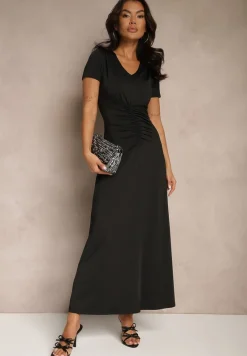 Czarna Taliowana Sukienka z Ozdobnymi Marszczeniami i Domieszką Wiskozy Avenile