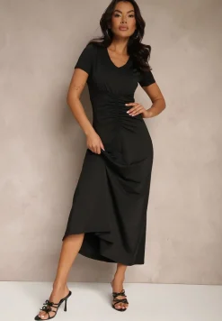 Czarna Taliowana Sukienka z Ozdobnymi Marszczeniami i Domieszką Wiskozy Avenile