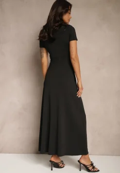 Czarna Taliowana Sukienka z Ozdobnymi Marszczeniami i Domieszką Wiskozy Avenile