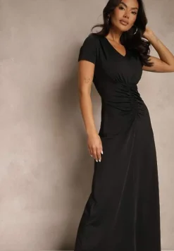 Czarna Taliowana Sukienka z Ozdobnymi Marszczeniami i Domieszką Wiskozy Avenile