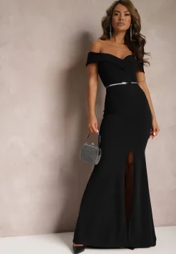 Czarna Taliowana Sukienka Maxi z Rozcięciem Perlina