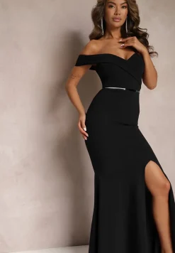 Czarna Taliowana Sukienka Maxi z Rozcięciem Perlina