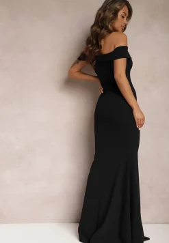 Czarna Taliowana Sukienka Maxi z Rozcięciem Perlina