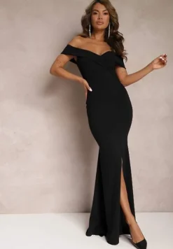 Czarna Taliowana Sukienka Maxi z Rozcięciem Perlina