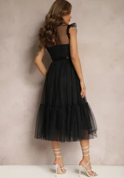 Czarna Taliowana Sukienka z Tiulową Spódnicą i Górą z Koronki Darela
