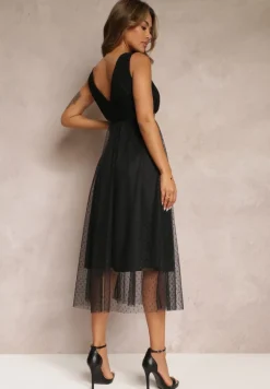 Czarna Tiulowa Sukienka Rozkloszowana z Koronką Phyvana