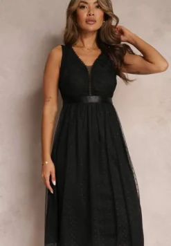 Czarna Tiulowa Sukienka Rozkloszowana z Koronką Phyvana