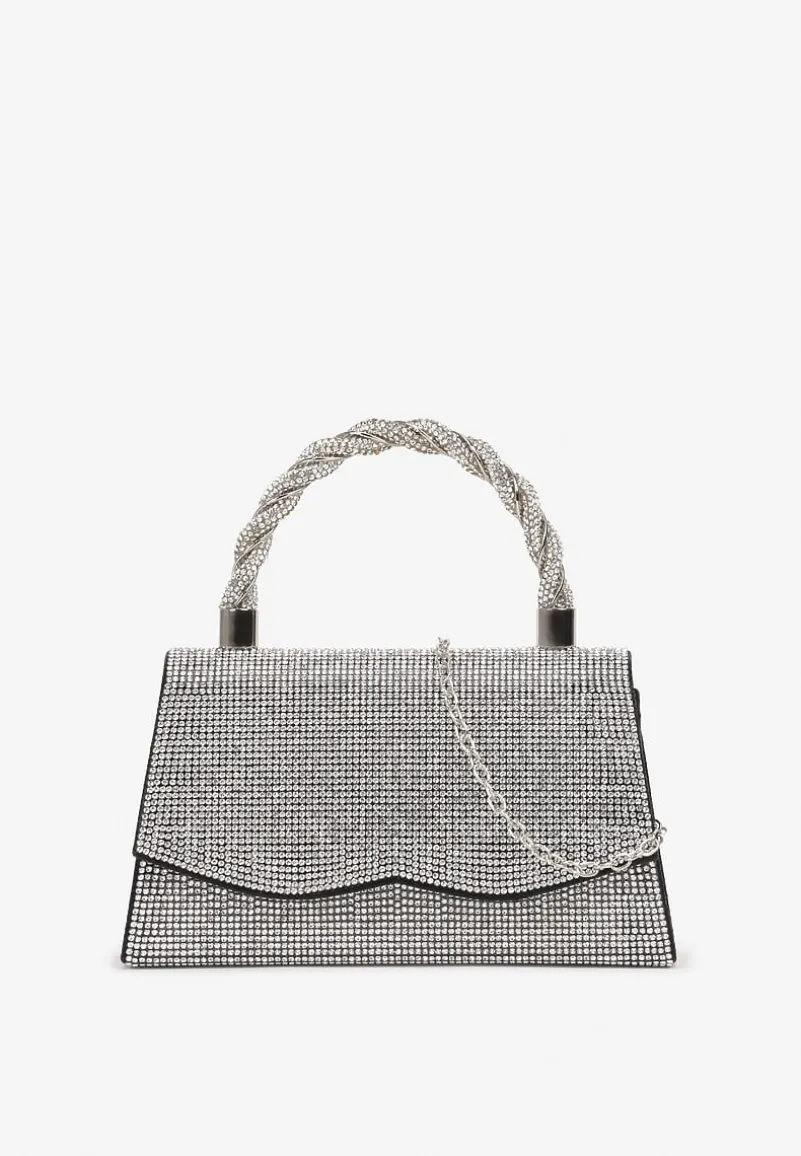 Czarna Torebka Kopertówka z Łańcuszkiem i Rączką Zapinana na Zatrzask Ozdobiona Cyrkoniami Uvatia