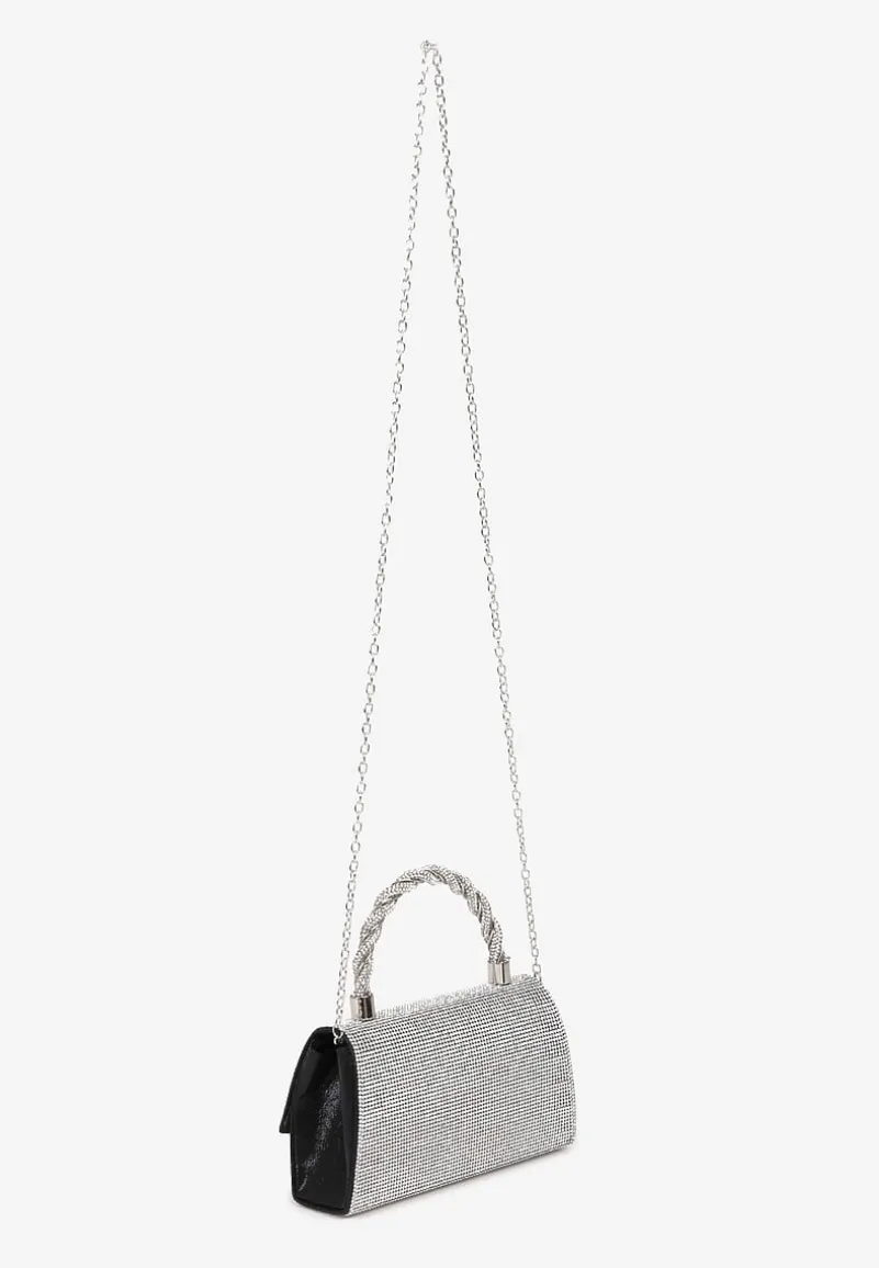 Czarna Torebka Kopertówka z Łańcuszkiem i Rączką Zapinana na Zatrzask Ozdobiona Cyrkoniami Uvatia