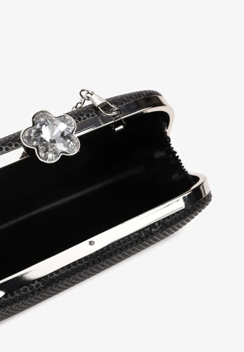 Czarna Torebka Kopertówka z Brokatem na Zatrzask z Cyrkoniami Maleta