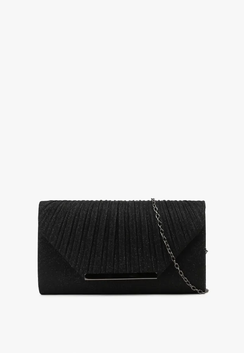 Czarna Torebka Kopertówka Zdobiona Brokatem z Dołączonym Łańcuszkowym Paskiem Emedi