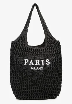 Czarna Torebka Shopperka z Plecionki Ozdobiona Napisami Navillian