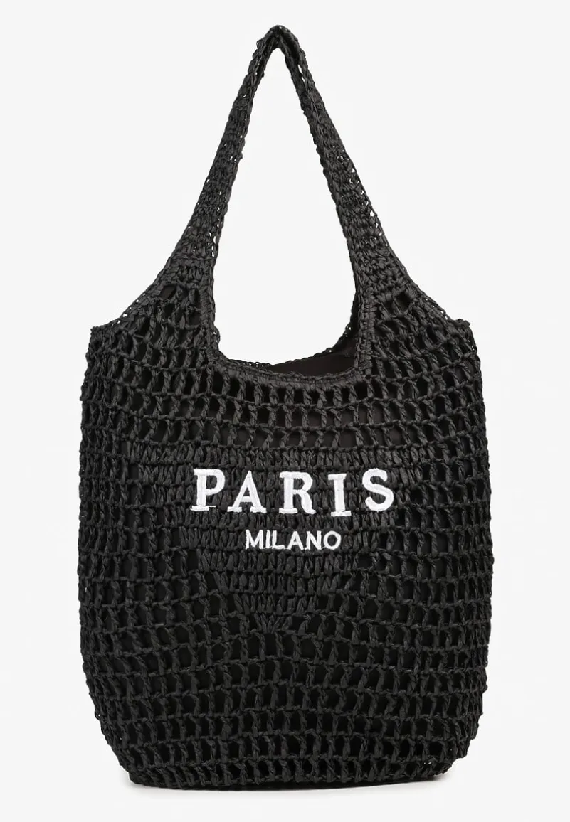 Czarna Torebka Shopperka z Plecionki Ozdobiona Napisami Navillian
