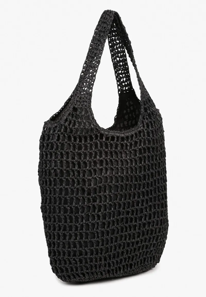 Czarna Torebka Shopperka z Plecionki Ozdobiona Napisami Navillian