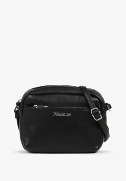 Czarna Torebka Typu Listonoszka z Suwakiem i Metalicznym Zdobieniem Silenaia