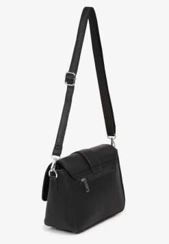 Czarna Torebka Typu Listonoszka z Klapą Zdobiona Aplikacją Niraline