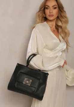 Czarna Torebka z Podwójną Rączką Naszytą Komorą i Metalowymi Detalami Htirma