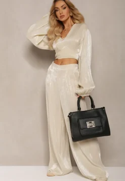 Czarna Torebka z Podwójną Rączką Naszytą Komorą i Metalowymi Detalami Htirma