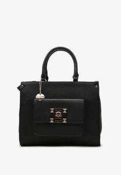 Czarna Torebka z Podwójną Rączką Naszytą Komorą i Metalowymi Detalami Htirma