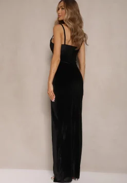 Czarna Welurowa Sukienka Dopasowana z Kopertowym Dekoltem na Ramiączkach Renellin