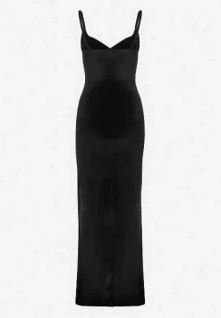 Czarna Welurowa Sukienka Dopasowana z Kopertowym Dekoltem na Ramiączkach Renellin